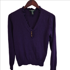Ralph Lauren Deep Purple Ruffle V-Neck Cotton Sweater